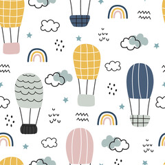 Seamless background cartoon pattern Balloons float in the sky with clouds and rainbows Hand drawn design in children's style. Use for prints, wallpapers, decorations, textiles, vector illustrations.