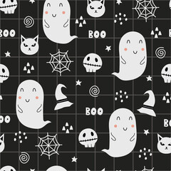 Seamless vector pattern design Halloween. Halloween symbols have ghosts, witch hats, spiders. Cartoon style hand drawn design, used for prints, wallpaper, decorations, textiles. vector illustration