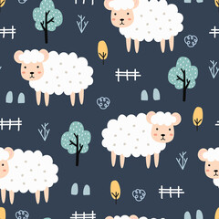 Cartoon animal background for kids sheep seamless pattern Hand drawn design in children's style. Use for prints, wallpapers, decorations, textiles, vector illustrations.