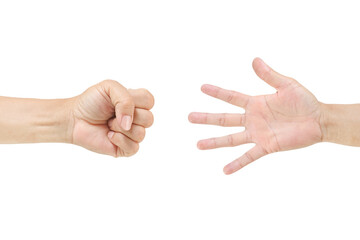 Rock-paper-scissors game settled lose - win between two people of Man hand isolated on white background  , clipping path for design usage purpose.