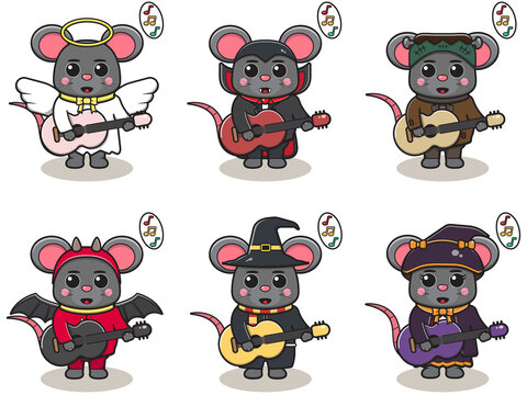 Vector illustration of cute Mouse with Halloween costume playing Guitar. Mouse play a musical instrument. Good for label, sticker, clipart.