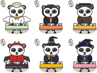 Naklejka premium Vector illustration of cute Panda with Halloween costume playing Keyboard. Panda character vector design. Good for label, sticker, clipart.