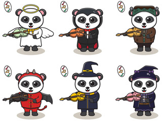 Vector illustration of cute Panda with Halloween costume playing Violin. Panda character vector design. Good for label, sticker, clipart.