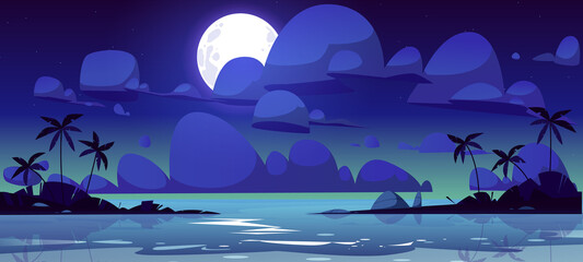 Fototapeta na wymiar Tropical landscape with sea bay at night. . Vector cartoon illustration of summer seascape with lagoon or harbor, palm trees silhouettes on shore, moon and clouds in dark sky