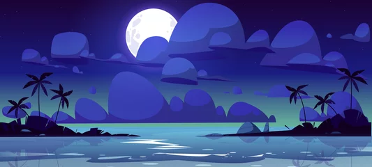 Fotobehang Tropisch landschap met zee baai & 39 s nachts. . Vectorbeeldverhaalillustratie van de zomerzeegezicht met lagune of haven, palmensilhouetten op kust, maan en wolken in donkere hemel © klyaksun