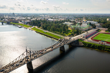 Fototapeta na wymiar Bird's eye view of Tver, Russia. Savior Transfiguration Cathedral and Tver Regional Picture Gallery seen from above.
