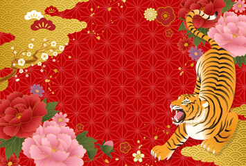 Leinwandbilder 和柄の模様と花と雲の22年年賀状テンプレートのベクターイラスト背景 和風 日本 春節 旧正月 中国 22 Honyojima