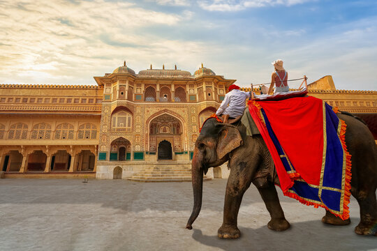 Woman tourist on elephant ride at the historic Amer Fort at Jaipur, Rajasthan, India