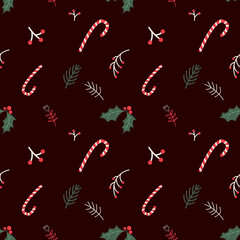 Christmas seamless pattern with holly, lollipop, abstract berries, twigs and flowers. Festive New Year texture for wrapping paper design. Vector illustration