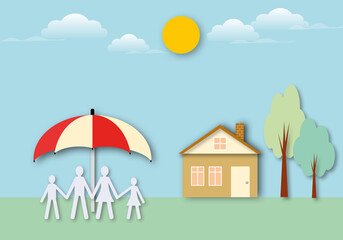 Family under an red umbrella with house on pastel background. Concept for security and protection, Unity and warmth in the family. Space for the text. Paper art design style.