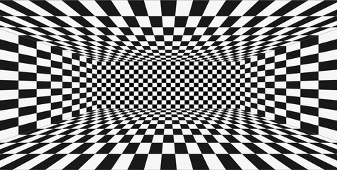 Obraz premium Grid perspective black and whte room. Chess wireframe background. Digital cyber box technology model. Vector abstract illusion template
