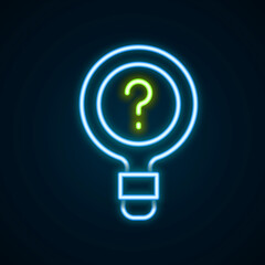Glowing neon line Unknown search icon isolated on black background. Magnifying glass and question mark. Colorful outline concept. Vector