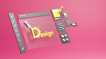 Graphic designer creative creator design logo artwork curve pen tool illustration equipment icons digital computer display workspace. Graphic design software. 3d rendering.