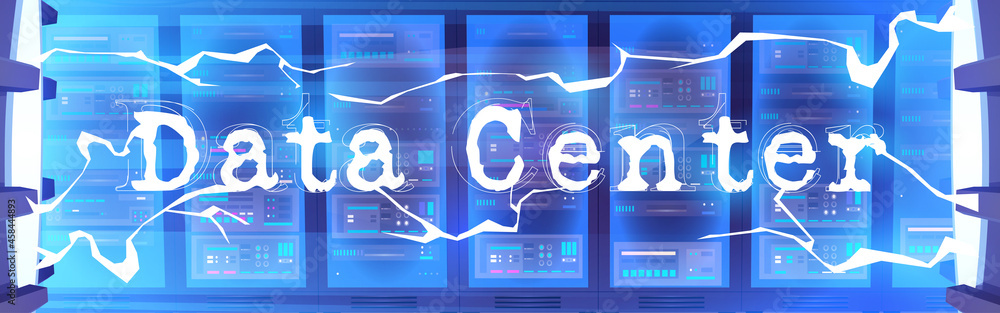 Poster data center poster. concept of database technology, cloud information system. vector banner with car
