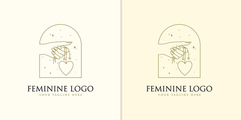 feminine Beauty boho logo collection with magical hand, nails, rose, crystal, moon, sun, star Vector illustration for icon, logo, sticker, printable and tattoo