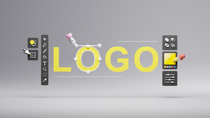 Graphic designer creative creator design logo artwork curve pen tool illustration equipment icons digital computer display workspace. Graphic design software. 3d rendering.