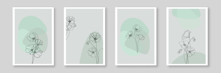 Set of Botanical Posters. Modern Creative Minimalistic Elegant Floral Print. Vintage Floral Background with Silhouette of Flowers Poppy. Vector EPS 10