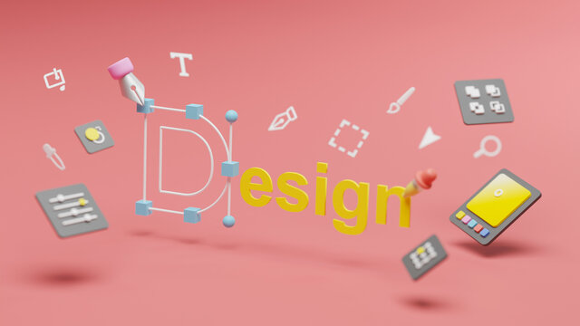 Graphic designer creative creator design logo artwork curve pen tool illustration equipment icons digital computer display workspace. Graphic design software. 3d rendering.