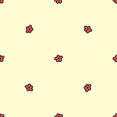 Seamless pattern. Doodle style hand drawn. Nature, animals and elements. Red flowers on a light yellow background.