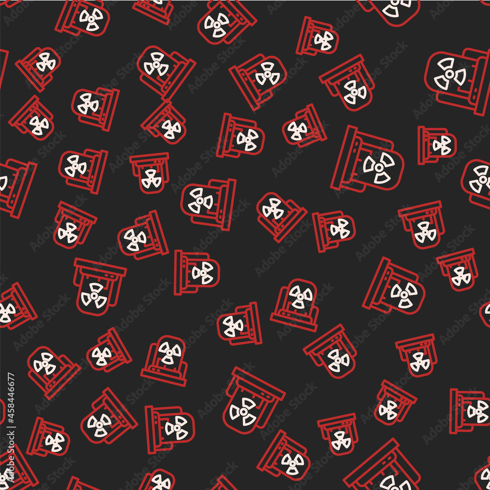 Poster line radioactive warning lamp icon isolated seamless pattern on black background. vector