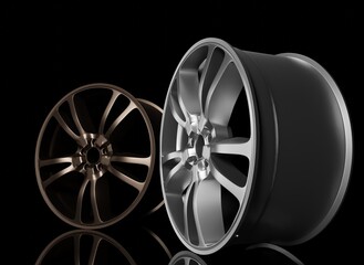 Close up glossy colors alloy wheel vehicle parts modern style on a black scene 3D rendering wallpaper backgrounds