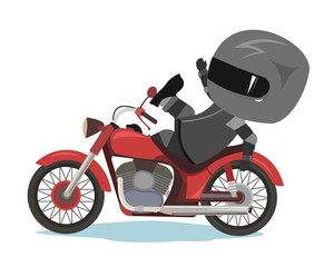 Biker cartoon. Child illustration. Lost my balance. Sports uniform and helmet. Cool motorcycle. Chopper bike. Funny motorcyclist. Isolated on white background. Vector