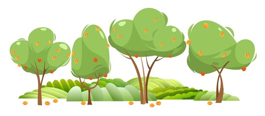 Garden and rolling hills. Rural landscape with fruit apricot trees and farmer hills. Cute funny cartoon design illustration. Flat style. Isolated on white. Vector.