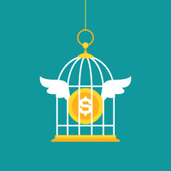 Locked golden bird cage and golden dollar coin with wings. Trap, imprisonment, jail concept.