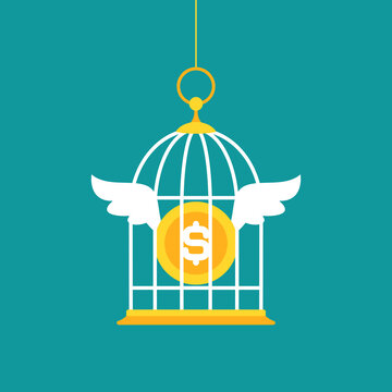 Locked golden bird cage and golden dollar coin with wings. Trap, imprisonment, jail concept.
