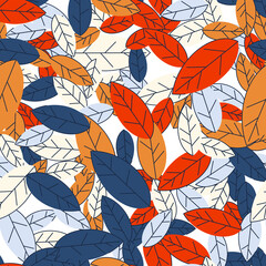 Seamless autumn pattern from colorful leaves. Strict flat design. Printing on fabric, wrapping paper. Vector illustration
