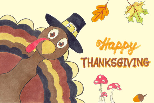 A sketch made of attributes for Thanksgiving Day with congratulations. Turkey, yellowed leaves, mushrooms