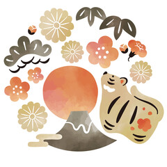 年賀素材　寅と富士山と松竹梅