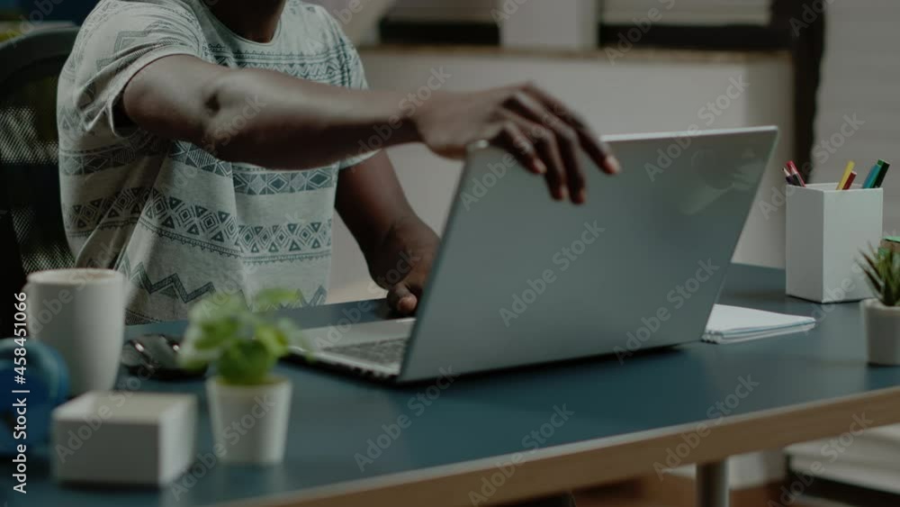Aufkleber close up of freelancer typing on keyboard for remote online work, using laptop on desk. entrepreneur