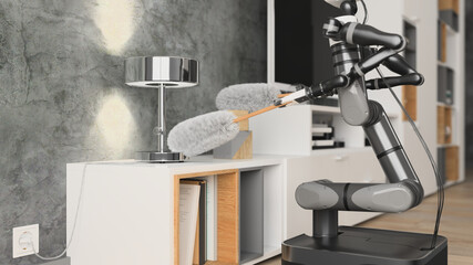 Robot apartment cleaner. Robot house helper removes dust from the pedestals. 3d illustration