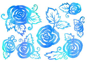 Watercolor artistic multicolor Set of floral Rose elements in the style of line art wedding theme on a white background. Doodle and scribble. Blue, green and turquoise Roses and leafs for postcard and