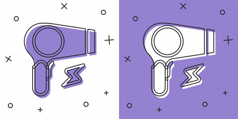 Set Hair dryer icon isolated on white and purple background. Hairdryer sign. Hair drying symbol. Blowing hot air. Vector