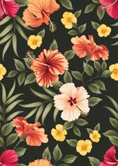 Gordijnen Seamless pattern of hibiscus flowers and palm leaf background template. Vector set of floral element for tropical print, wedding invitations, greeting card, brochure, banners and fashion design. © mamsizz