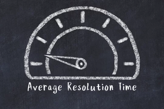 Chalk sketch of speedometer with low value and iscription Average Resolution Time. Concept of low logistics KPI