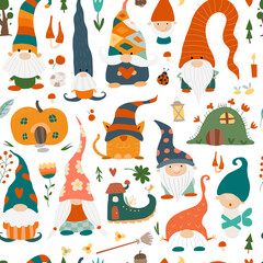 Garden gnomes family. Fairytale characters. Seamless pattern background
