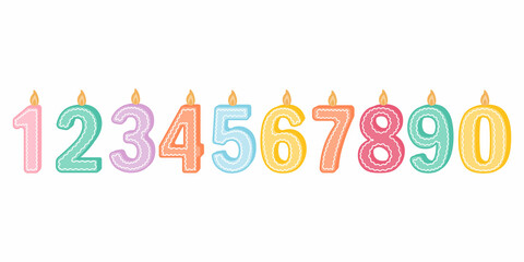 illustration of burning candles of birthday numbers on a white background. Cute candles, for postcards, and festive decor. Vector illustration in a flat cartoon style.