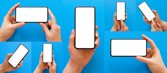 Set of many different photos of mobile phone in hand held in different angles on blue background