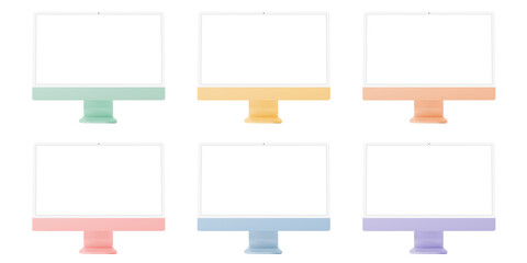 Set of modern desktop computers in different colors isolated on white background