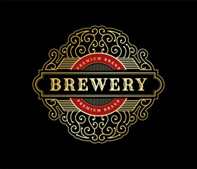 Vintage luxury royal frame labels with typography logo for beer whiskey alcohol drinks bottle box label packaging Engraving vector illustration design template