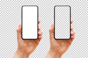 Fototapeta Mobile phone in hand, transparent background pattern obraz
