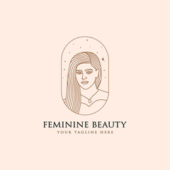 Hand drawn feminine woman beauty minimal face and floral botanical logo template for makeup spa salon skin & hair care line art portrait vector printable illustration design
