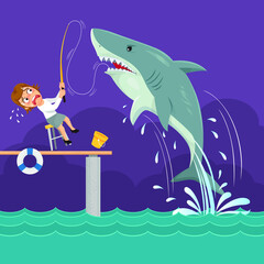 Naklejka premium Businesswoman sitting with fishing shark strike, Businessman sharks concept, Illustration vector cartoon