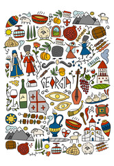 Georgia Country. Travel Background. Collection of design elements - food, places and dancing people. Vectrical Print for poster, t-shirts etc.