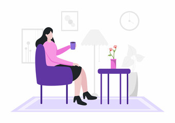 Relax at Home Vector Flat Illustration with People Sitting on the Sofa, Listening To Music, Playing Smartphone or Computer, Drinking Tea, Reading a Book, and Sleeping