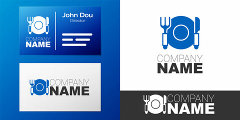 Logotype Plate, fork and knife icon isolated on white background. Cutlery symbol. Restaurant sign. Logo design template element. Vector