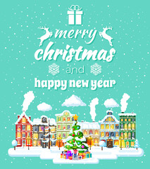 Christmas Card with Urban Landscape and Snowfall.